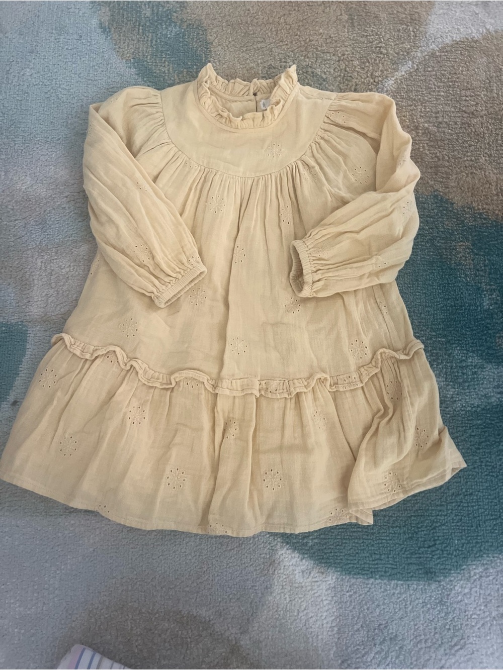 Mango Cream yellow Ruffle Eyelet Long Sleeve  Dress